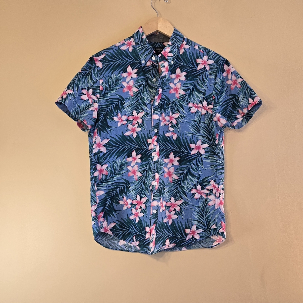 J. Crew Hawaiian Shirt Adult Medium Green Pink Flora Cotton Camp Summer Casual